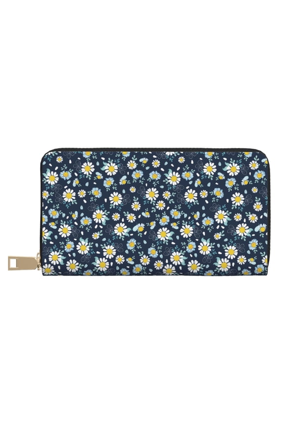Leather Thin Slim Wallets for Women Men - Daisy floral B Clutch Card Wallet for Women Men with Zipper