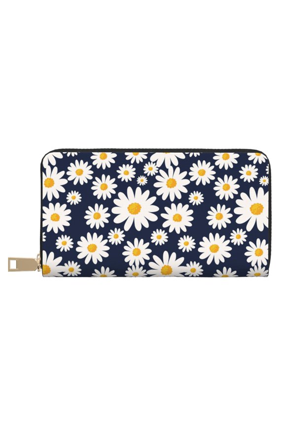 Leather Thin Slim Wallets for Women Men - Daisy floral Clutch Card Wallet for Women Men with Zipper