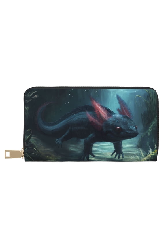 Leather Thin Slim Wallets for Women Men - Dark Abyssal Axolotl Clutch Card Wallet for Women Men with Zipper
