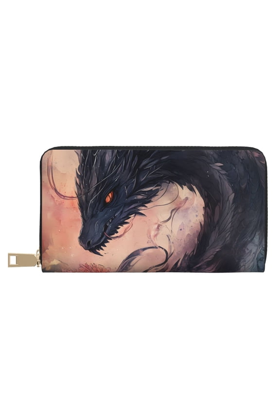 Leather Thin Slim Wallets for Women Men - Dark Dragon Floral Fantasy Clutch Card Wallet for Women Men with Zipper