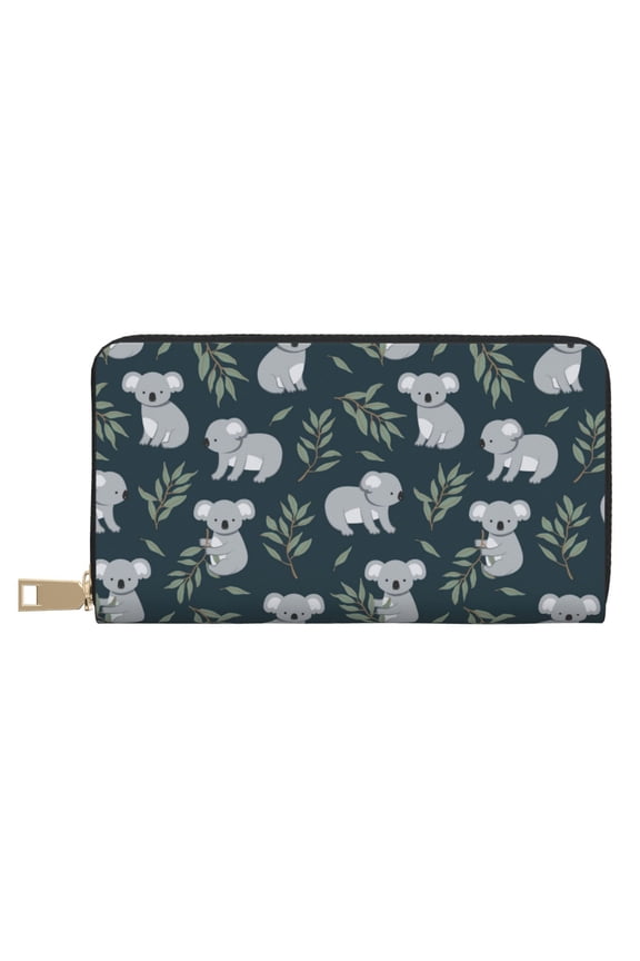 Leather Thin Slim Wallets for Women Men - Dark Koala Print Clutch Card Wallet for Women Men with Zipper