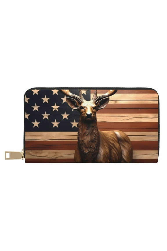 Leather Thin Slim Wallets for Women Men - Deer American Flag Vintage Clutch Card Wallet for Women Men with Zipper