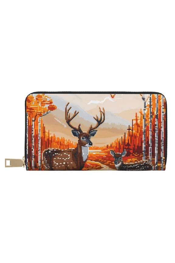 Leather Thin Slim Wallets for Women Men - Deer in an Autumn Forest Clutch Card Wallet for Women Men with Zipper