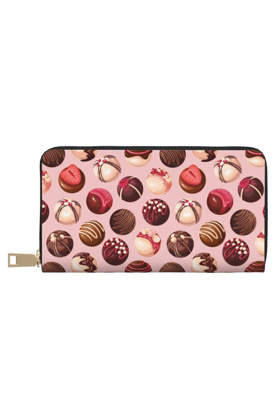 Leather Thin Slim Wallets for Women Men - Delicate Chocolate Ball Print Clutch Card Wallet for Women Men with Zipper