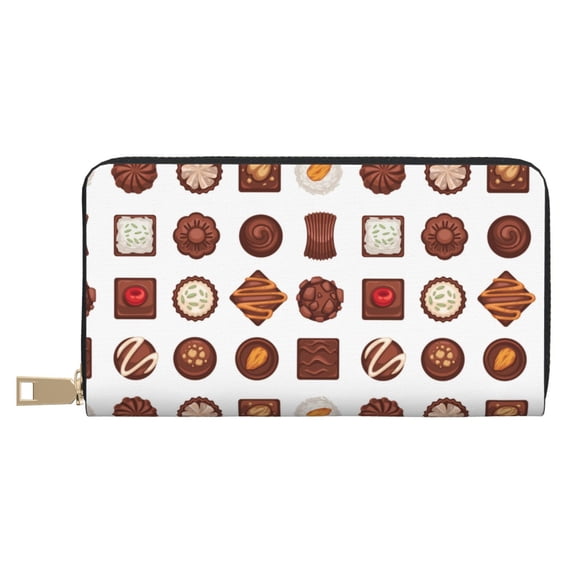 Leather Thin Slim Wallets for Women Men - Delicate Chocolate Print Clutch Card Wallet for Women Men with Zipper