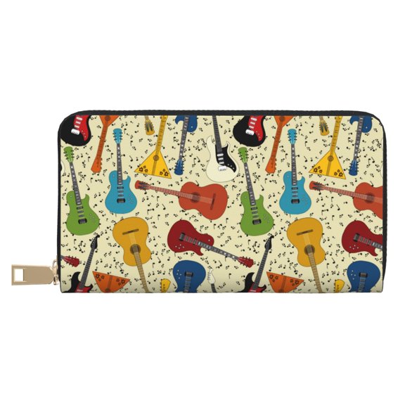 Leather Thin Slim Wallets for Women Men - Different Kind Of Guitars Clutch Card Wallet for Women Men with Zipper
