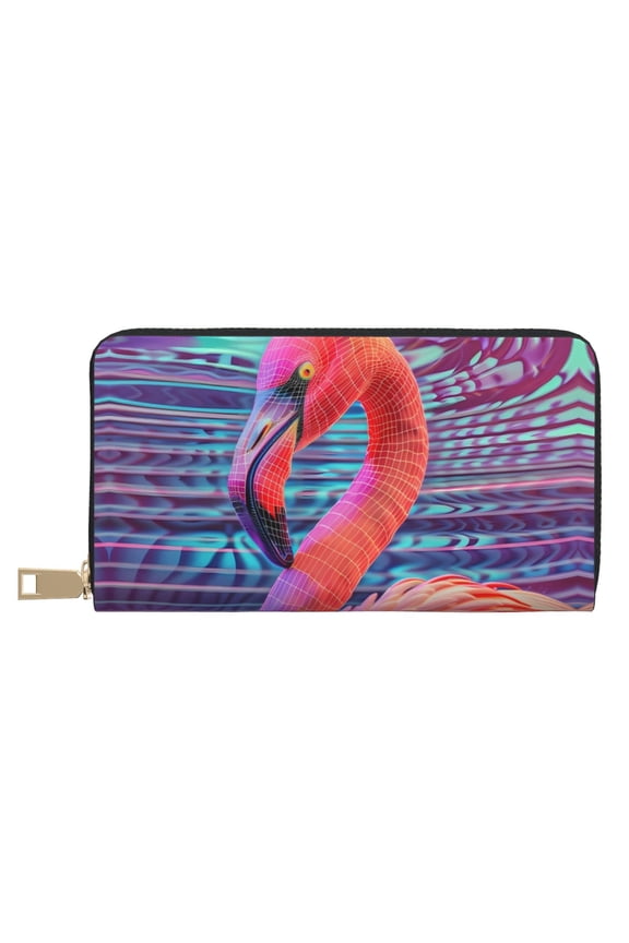 Leather Thin Slim Wallets for Women Men - Digital Flamingo Vibrant Art Clutch Card Wallet for Women Men with Zipper