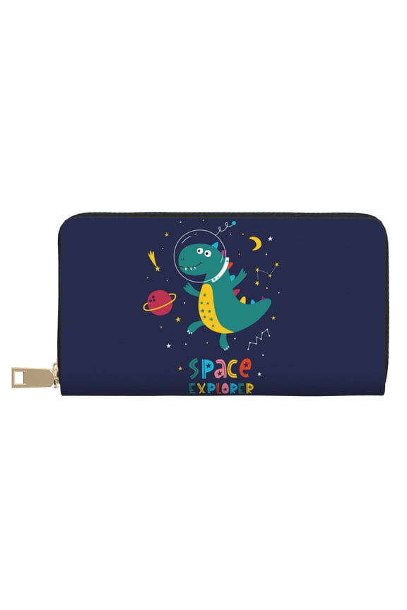 Leather Thin Slim Wallets for Women Men - Dinosau Space Explorer Clutch Card Wallet for Women Men with Zipper