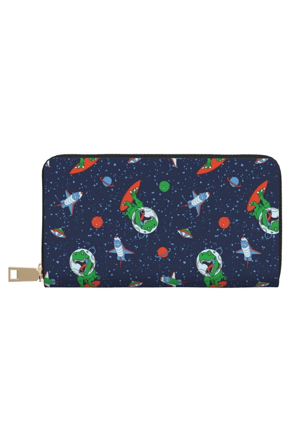 Leather Thin Slim Wallets for Women Men - Dinosaur Astronaut Space -E Clutch Card Wallet for Women Men with Zipper