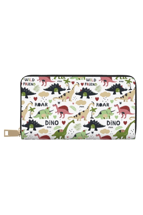 Leather Thin Slim Wallets for Women Men - Dinosaur print B Clutch Card Wallet for Women Men with Zipper