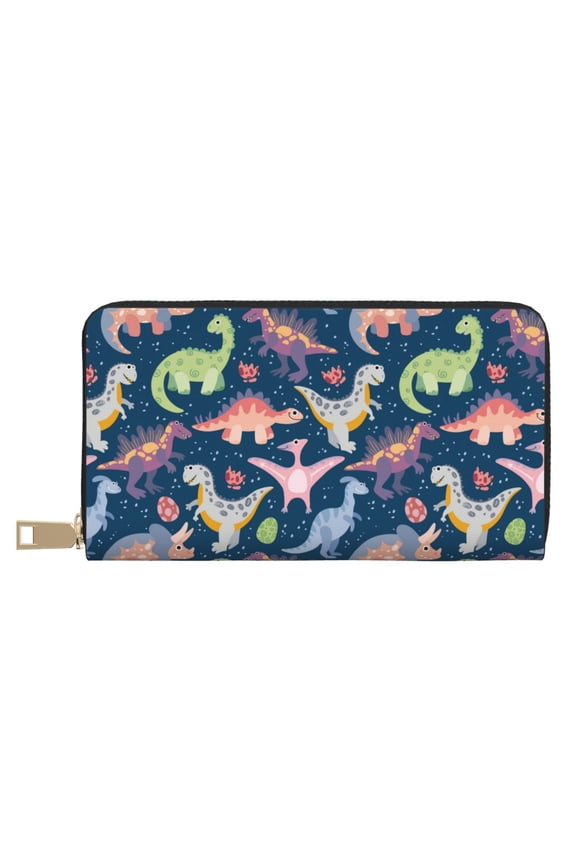 Leather Thin Slim Wallets for Women Men - Dinosaur print M Clutch Card Wallet for Women Men with Zipper