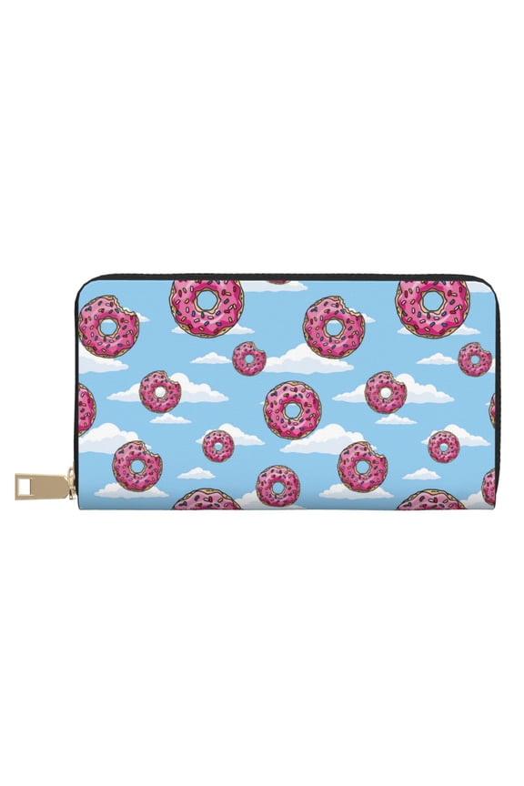 Leather Thin Slim Wallets for Women Men - Donut Clouds Print Clutch Card Wallet for Women Men with Zipper