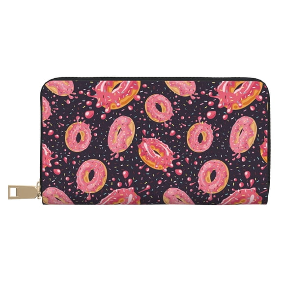 Leather Thin Slim Wallets for Women Men - Donut Print No.9019 Clutch Card Wallet for Women Men with Zipper