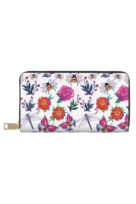 Leather Thin Slim Wallets for Women Men - Dragonfly Butterfly Carnation Clutch Card Wallet for Women Men with Zipper