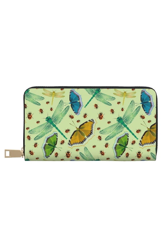 Leather Thin Slim Wallets for Women Men - Dragonfly Butterfly Ladybird Clutch Card Wallet for Women Men with Zipper