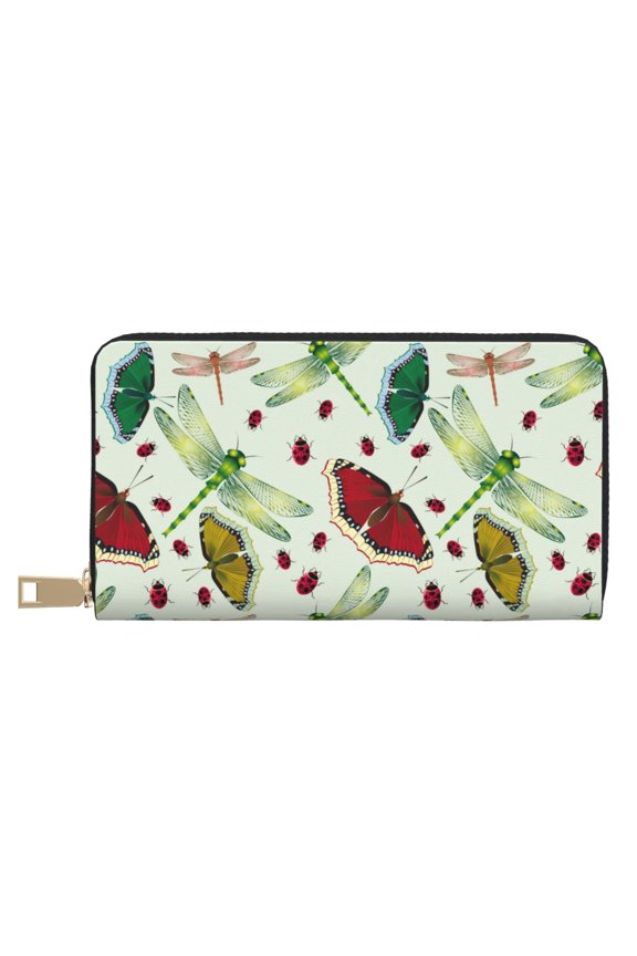 Leather Thin Slim Wallets for Women Men - Dragonfly Ladybird Butterfly Clutch Card Wallet for Women Men with Zipper