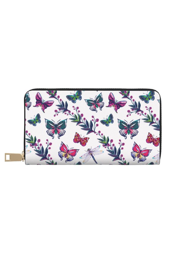 Leather Thin Slim Wallets for Women Men - Dragonfly Plant Butterfly Clutch Card Wallet for Women Men with Zipper