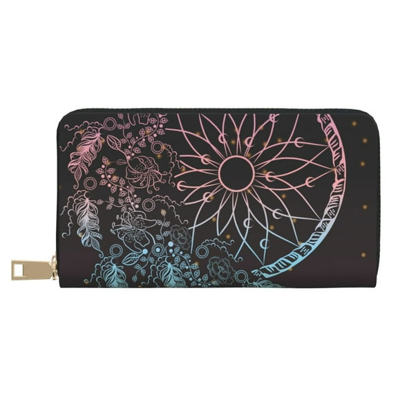 Leather Thin Slim Wallets for Women Men - Dreamcatcher Clutch Card Wallet for Women Men with Zipper