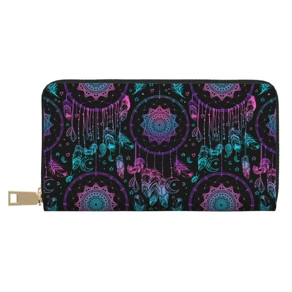 Leather Thin Slim Wallets for Women Men - Dreamcatcher With Feathers Clutch Card Wallet for Women Men with Zipper