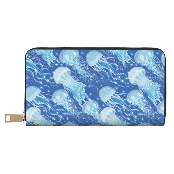 Leather Thin Slim Wallets for Women Men - Dreamlike Jellyfish Clutch Card Wallet for Women Men with Zipper