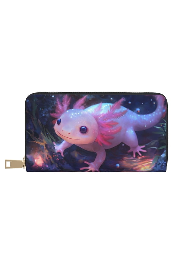Leather Thin Slim Wallets for Women Men - Dreamy Bioluminescent Axolotl C Clutch Card Wallet for Women Men with Zipper