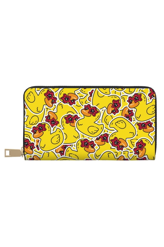 Leather Thin Slim Wallets for Women Men - Duck with Star Sunglasses Clutch Card Wallet for Women Men with Zipper