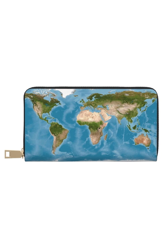 Leather Thin Slim Wallets for Women Men - Earth View World Map Clutch Card Wallet for Women Men with Zipper