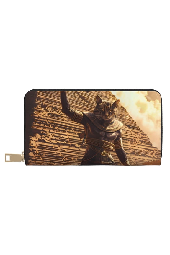 Leather Thin Slim Wallets for Women Men - Egyptian Cat Pharaoh Magic Clutch Card Wallet for Women Men with Zipper