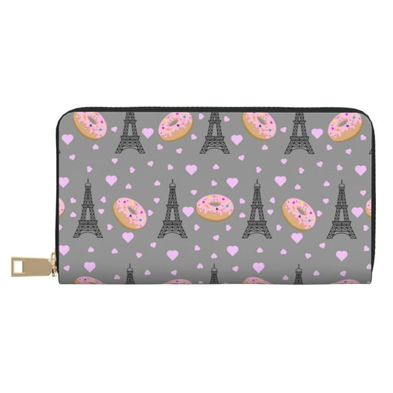 Leather Thin Slim Wallets for Women Men - Eiffel Tower Donut Clutch Card Wallet for Women Men with Zipper
