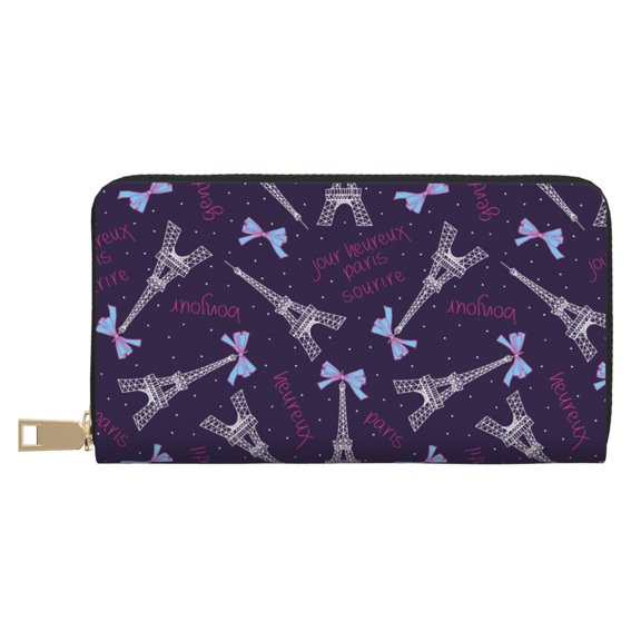 Leather Thin Slim Wallets for Women Men - Eiffel Tower rosette Clutch Card Wallet for Women Men with Zipper