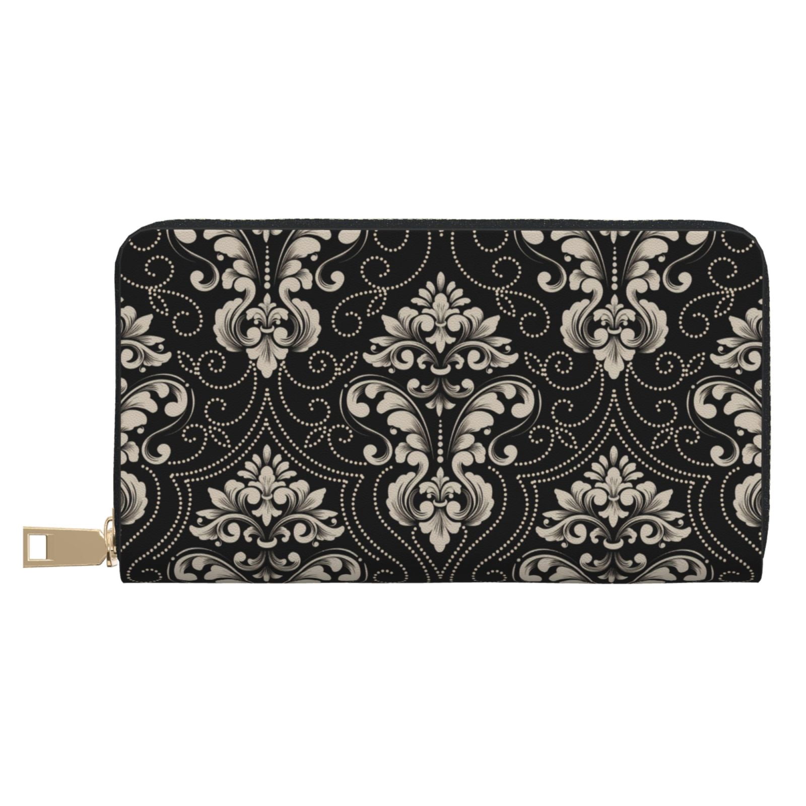 Leather Thin Slim Wallets for Women Men - Elegant Black Floral Damask ...