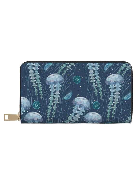 Leather Thin Slim Wallets for Women Men - Elegant Jellyfish Clutch Card Wallet for Women Men with Zipper