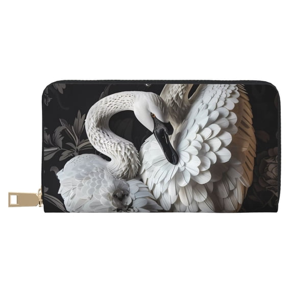 Leather Thin Slim Wallets for Women Men - Elegant Swans Black Background Clutch Card Wallet for Women Men with Zipper