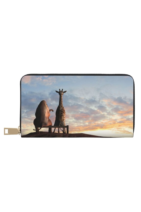 Leather Thin Slim Wallets for Women Men - Elephant Giraffe On A Mountain Top Sunset Clutch Card Wallet for Women Men with Zipper