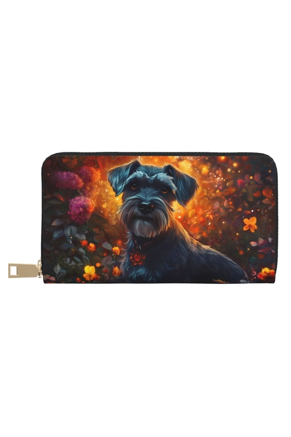 Leather Thin Slim Wallets for Women Men - Enchanted Autumn Terrier Glow Clutch Card Wallet for Women Men with Zipper