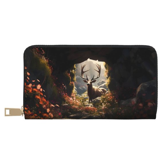 Leather Thin Slim Wallets for Women Men - Enchanted Deer In Cave Clutch Card Wallet for Women Men with Zipper