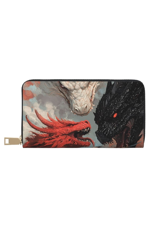 Leather Thin Slim Wallets for Women Men - Epic Dragon Showdown Clutch Card Wallet for Women Men with Zipper