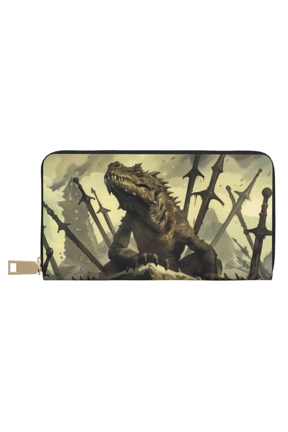 Leather Thin Slim Wallets for Women Men - Epic Dragon Skull Scene Clutch Card Wallet for Women Men with Zipper