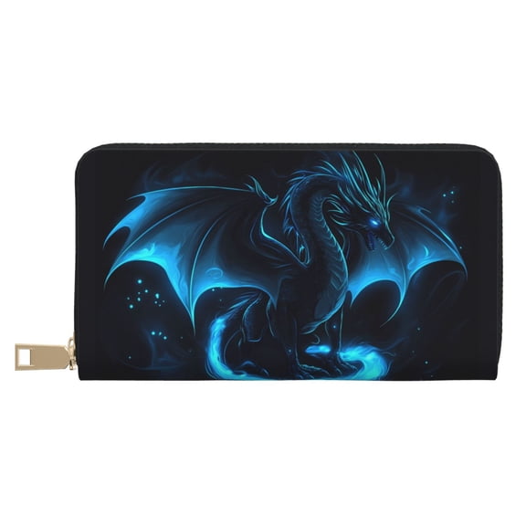 Leather Thin Slim Wallets for Women Men - Ethereal Blue Fire Dragon Clutch Card Wallet for Women Men with Zipper