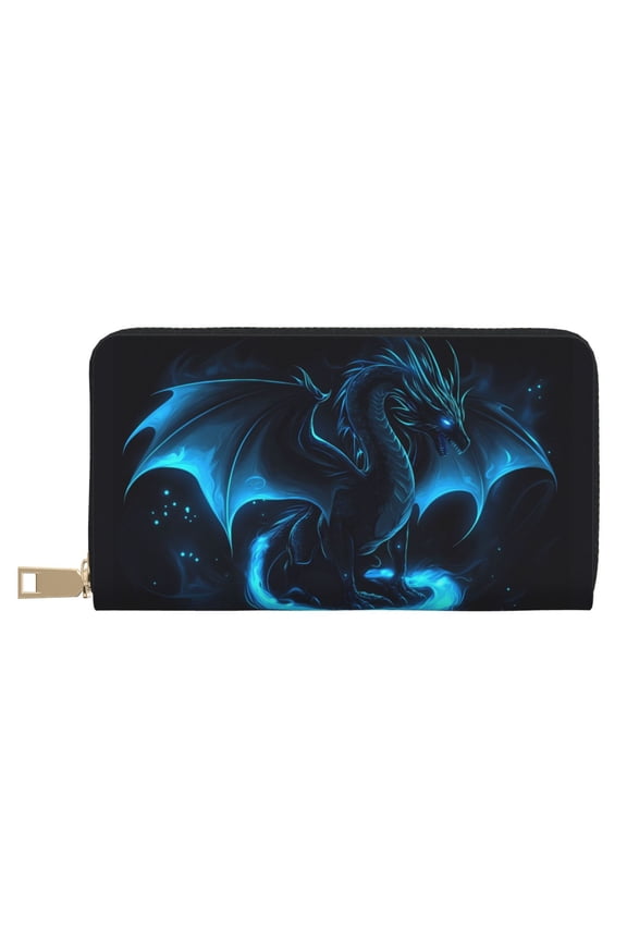 Leather Thin Slim Wallets for Women Men - Ethereal Blue Fire Dragon Clutch Card Wallet for Women Men with Zipper
