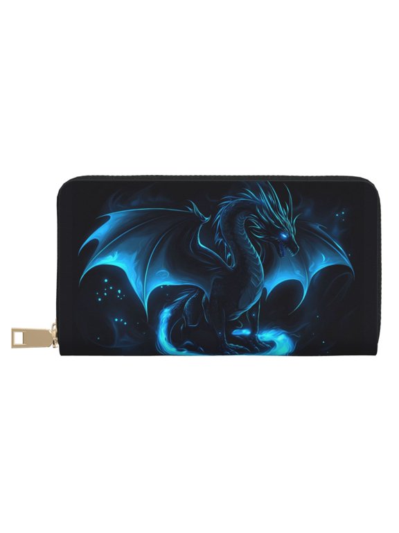 Leather Thin Slim Wallets for Women Men - Ethereal Blue Fire Dragon Clutch Card Wallet for Women Men with Zipper