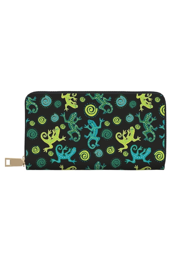 Leather Thin Slim Wallets for Women Men - Exotic Abstract Cute Gecko Lizard Clutch Card Wallet for Women Men with Zipper