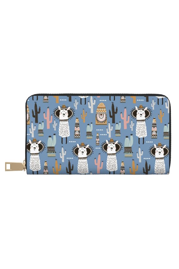 Leather Thin Slim Wallets for Women Men - Exotic Cute Alpaca Cactus Clutch Card Wallet for Women Men with Zipper