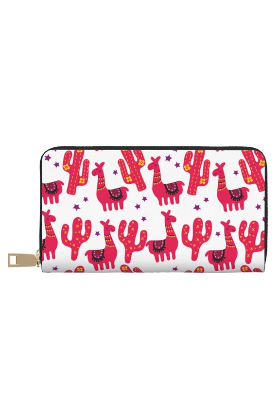 Leather Thin Slim Wallets for Women Men - Exotic Cute Alpaca Cactus Red Clutch Card Wallet for Women Men with Zipper