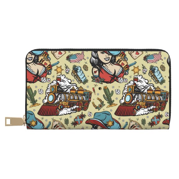 Leather Thin Slim Wallets for Women Men - Exotic Train Pattern Clutch Card Wallet for Women Men with Zipper