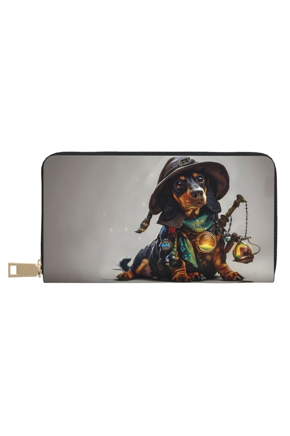 Leather Thin Slim Wallets for Women Men - Fantasy Wizard Dog Art Clutch Card Wallet for Women Men with Zipper