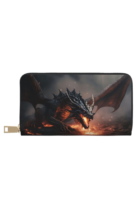 Leather Thin Slim Wallets for Women Men - Fiery Black Dragon Attack Clutch Card Wallet for Women Men with Zipper