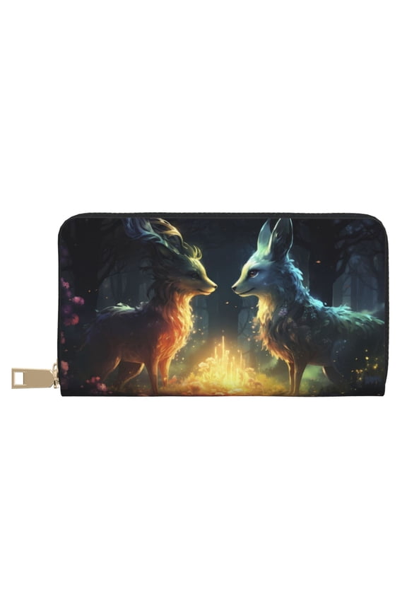Leather Thin Slim Wallets for Women Men - Firefly Forest Fox Clutch Card Wallet for Women Men with Zipper