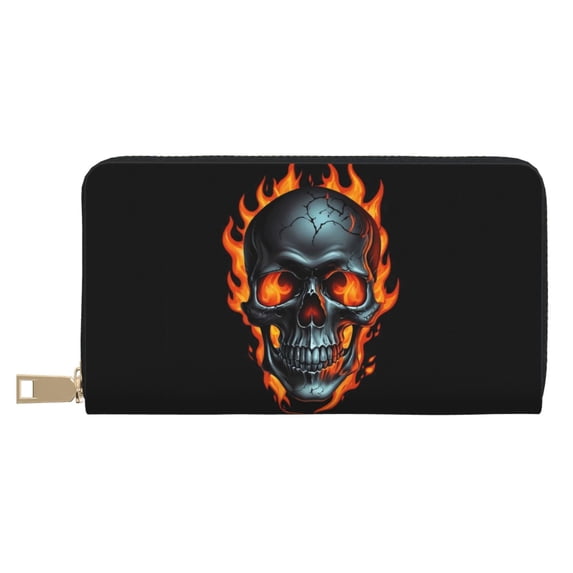 Leather Thin Slim Wallets for Women Men - Flame Metal Skull Clutch Card Wallet for Women Men with Zipper