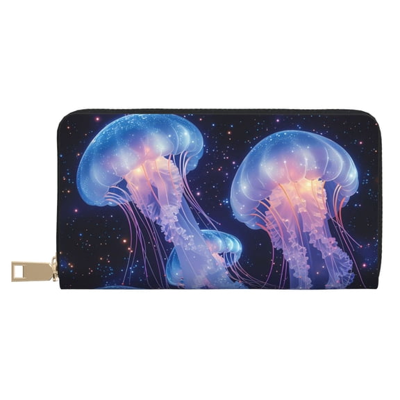 Leather Thin Slim Wallets for Women Men - Floating Space Jellyfish A Clutch Card Wallet for Women Men with Zipper
